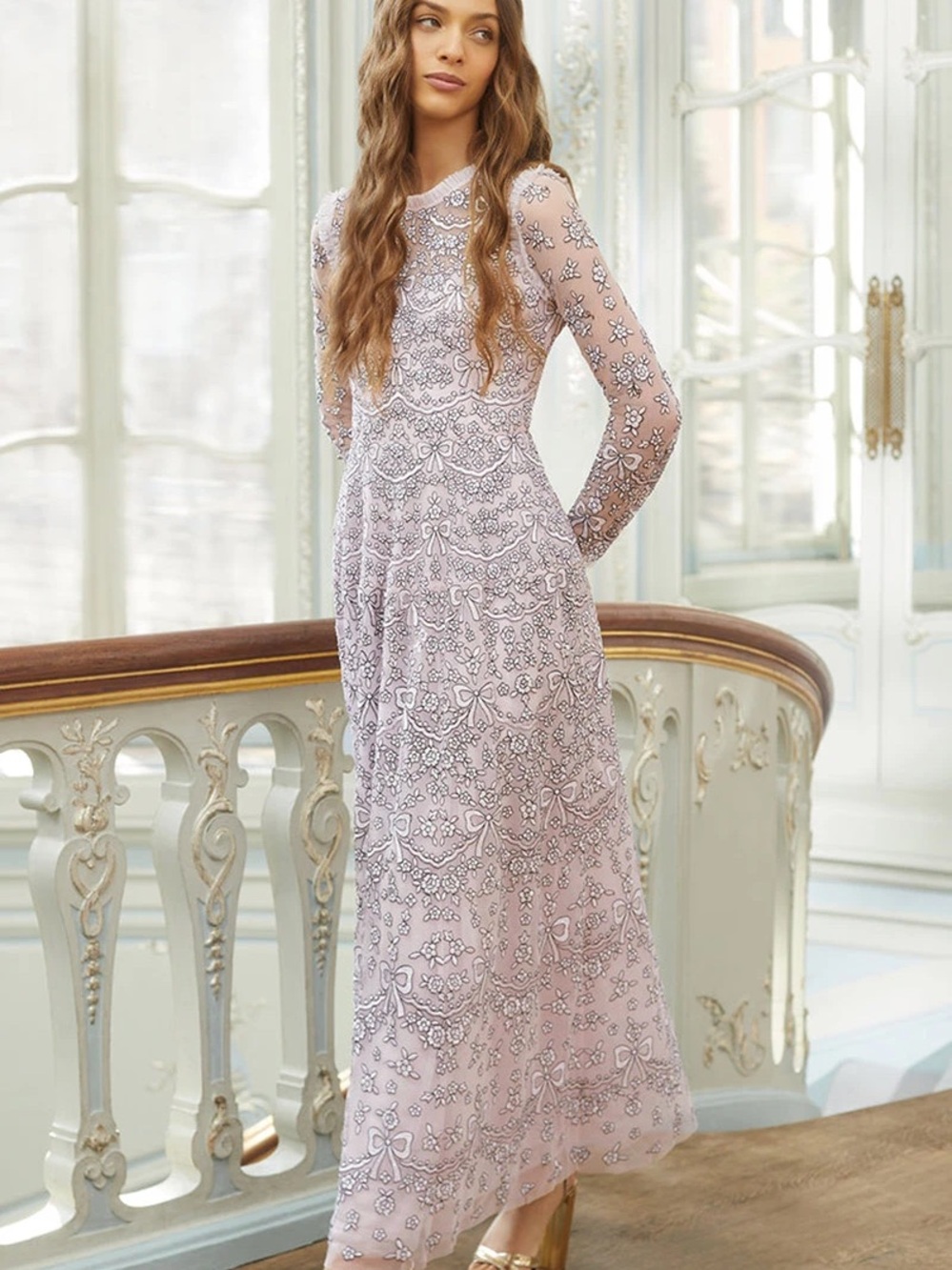 Needle & Thread Elegant Light Pink Embroidered Long-Sleeve Dress